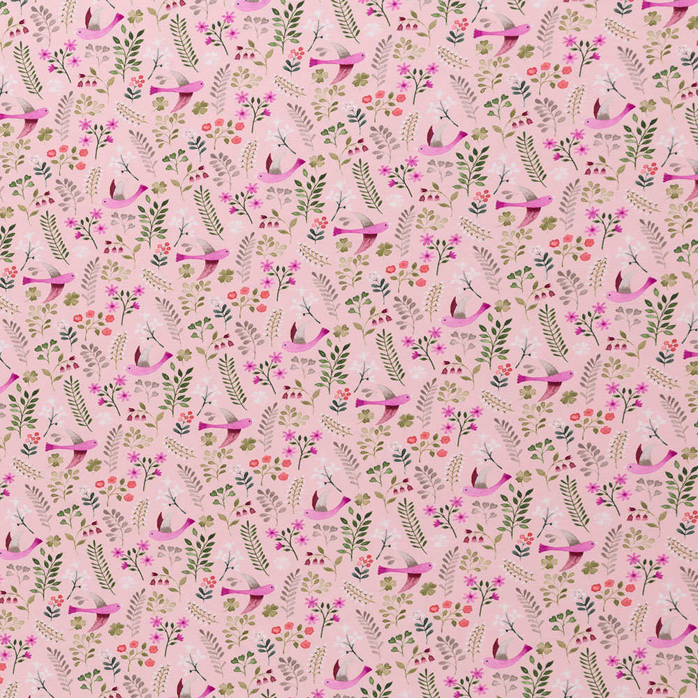 Jersey Little Spring mit Vögeln und Blättern von Swafing in rosa Jersey Little Spring mit Vögeln und Blättern von Swafing in rosa