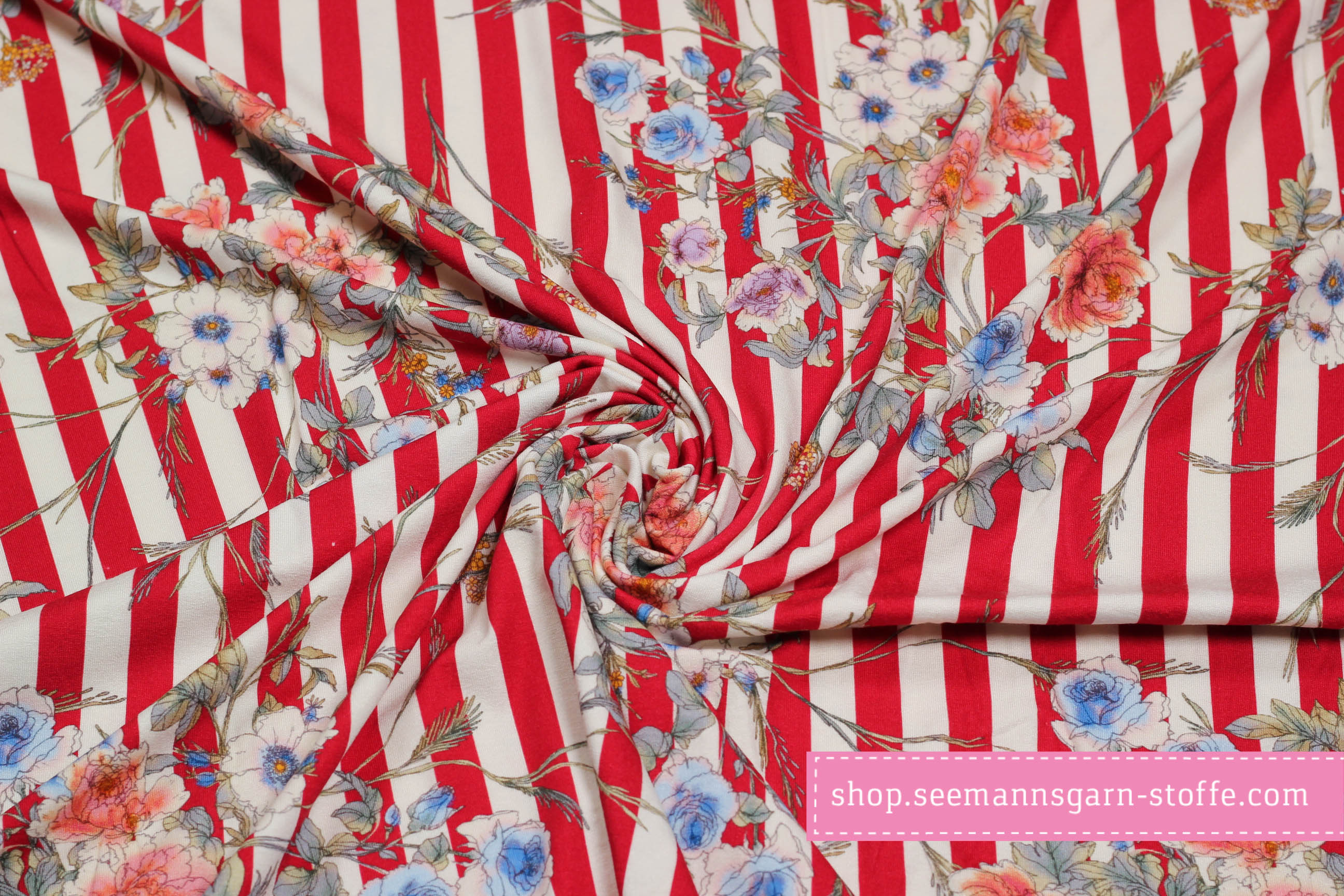 Viskose Stretch Jersey - Streifen mit Blumenmuster Viskose Stretch Jersey - Streifen mit Blumenmuster